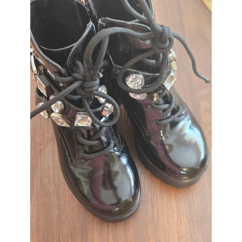 GB Girls Gianni Bini Black Patent Rhinestone Platform Combat Boots Size 12M